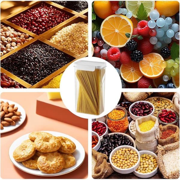 Airtight storage containers with silicone seals. Stackable and transparent design, easy to organize and use.