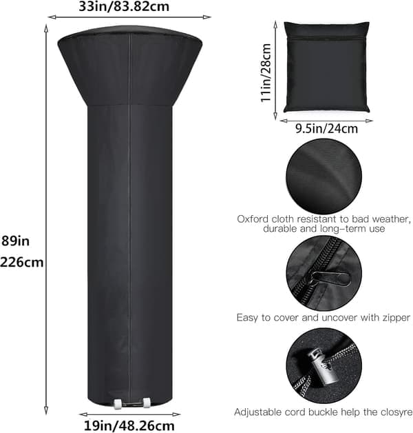 Patio Heater Cover with Zipper and Storage Bag, Waterproof, Dustproof, Windproof