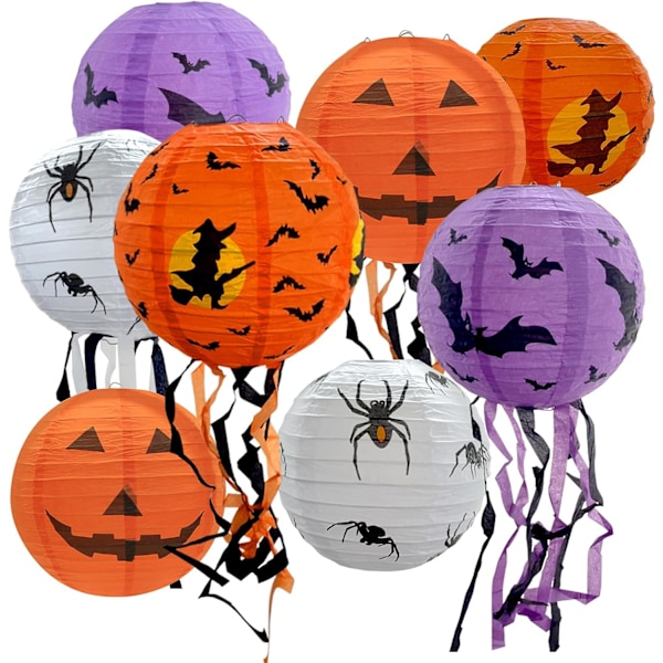 8 kpl Halloween-paperilyhtyjä riippuvina, kurpitsa, hämähäkki, lepakko, lyhty, koriste, kodin sisustus, pelottavat juhlatarvikkeet (Halloween)