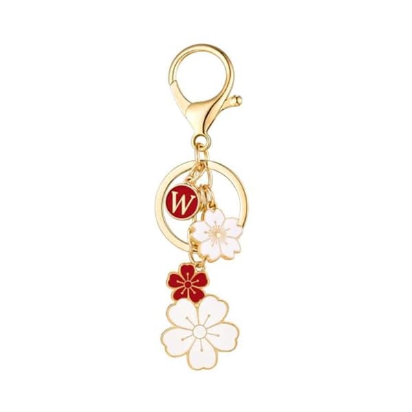 Rød Initial W Nøglering med Blomstercharms til Nøgle Sød Bogstavsnøglering til Rygsæk
