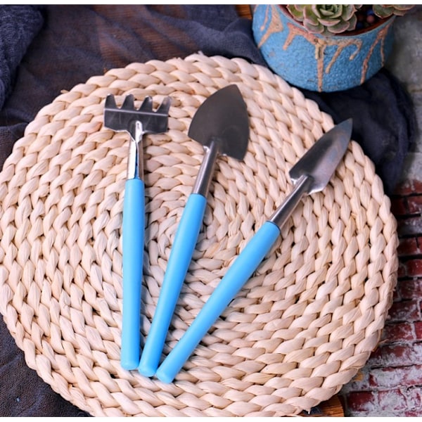 Miniatyr Hage Spade Sett for Planting - Kompakt Mini Rustfritt Stål Tredelt Pottemontert Blå