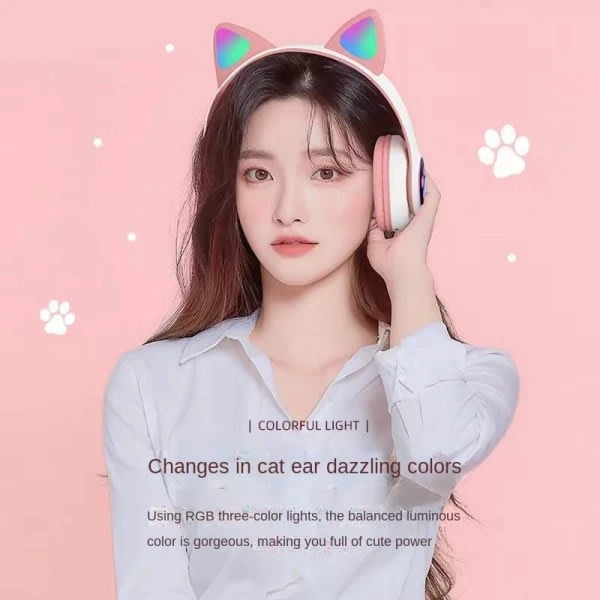 Hörlurar, kattöron trådlösa hörlurar, LED-belysta Bluetooth Pink 1pcs