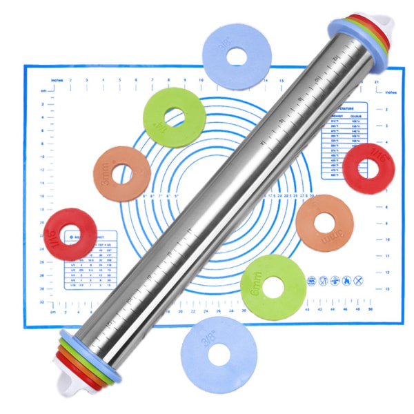 Tykkelsesringe, Justerbar Fransk Dej Rullekæde i Rustfrit Stål Non-Stick Bagemåtte Sæt til Bagning Fondant, Pizza