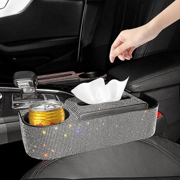 Bling bilsæde side-drop organizer, multifunktionel bil-sprække organizer med kopholder, universelt biltilbehør -