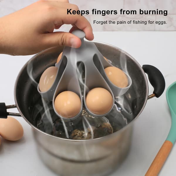 Silicone Egg Cooker with Handle - 6 Compartment Soft Boiled Egg Poacher & Serving Rack, Dishwasher Safe Food Grade Kitchen Utensil