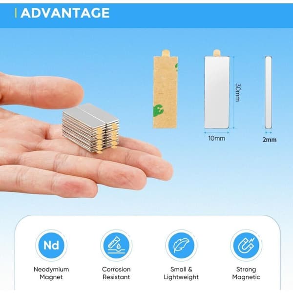 20 Powerful Self-Adhesive Magnets 30x10x2mm, Flat Magnets in Pairs, Neodymium Adhesive Magnets, Rectangular Neodymium Bar Magnets
