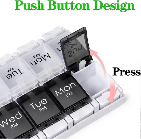 Weekly Pill Box Organizer, Large Pill Organizer 2 Times a Day, Travel Tablet Medicine Box with Push Button Design