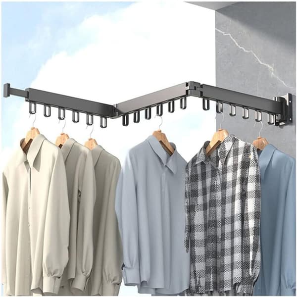 Wall Mounted Retractable Clothes Rack with Hooks, 360° Rotatable, Tri-Foldable for Balcony, Laundry Room (Black)