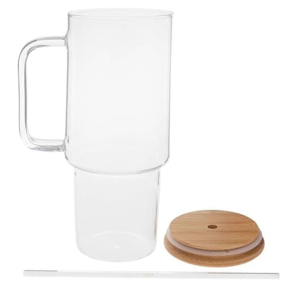 1.2 Liter Glass Cup with Handle and Straw Lid, Reusable Coffee Cup