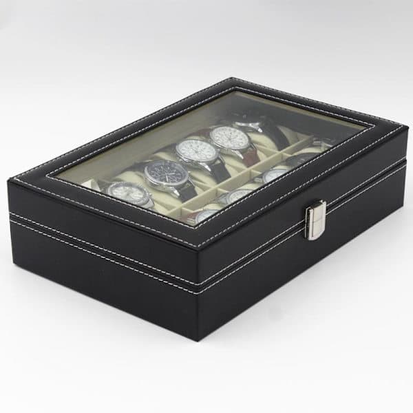 Watch box for 12 watches with window black with white stitching Black
