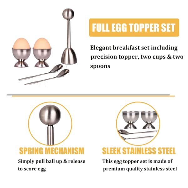 Egg Topper Sett for Eggkopper for Myke og Hardkokte Egg Inkluderer 2 Eggkopper, 2 Skjeer, 1 Topper Kutter, Skreller, Eggåpner