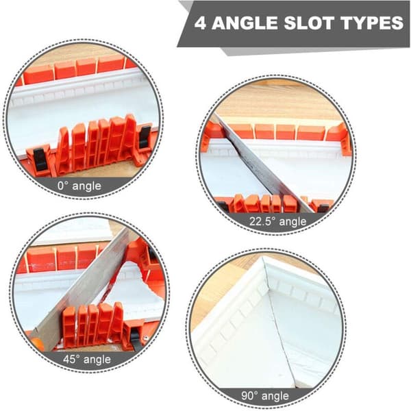 Miter box with saw guide, for cutting angles of 0°, 22.5°, 45° and 90°, designed for construction work.