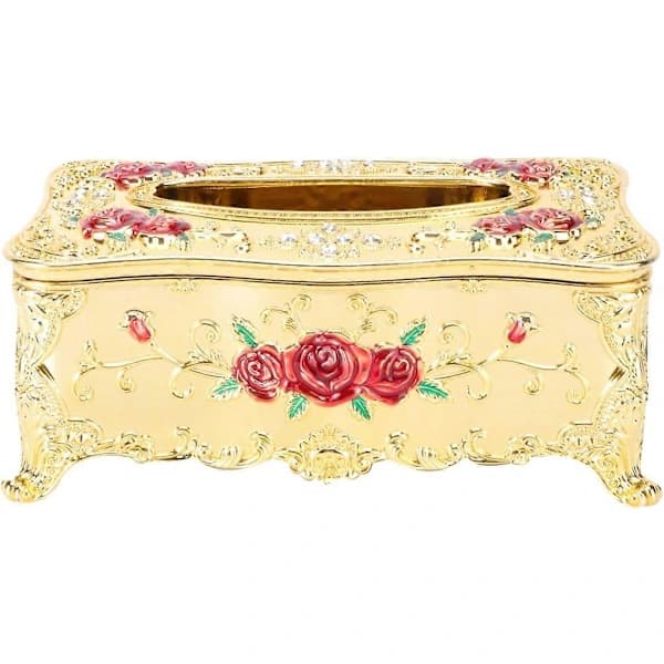 Decorative Tissue Box with Antique Decorations for Bedroom, Office, Kitchen, Dressing Table, Red Gold