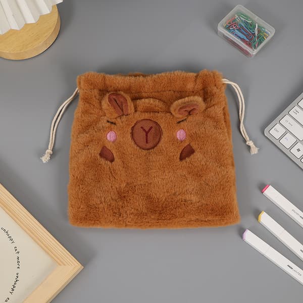 Capybara Drawstring Bag (Blushing) - Cute Brown Polyester Bag for Candy, Gifts, and Kids' Parties A