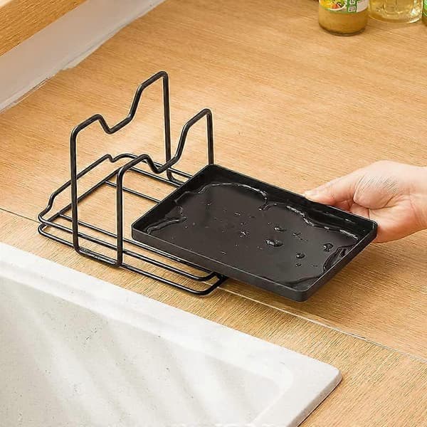 Pot Lid Holder, Cutting Board, Spoon Rest, Cutting Board Organizer Rack with Drip Tray (Black)