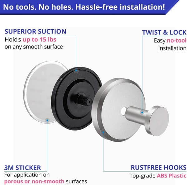 Suction Cups for Shower, Bathroom, Kitchen, Hanging Items up to 6.8 kg - Waterproof and Dustproof, Chrome (2-pack)