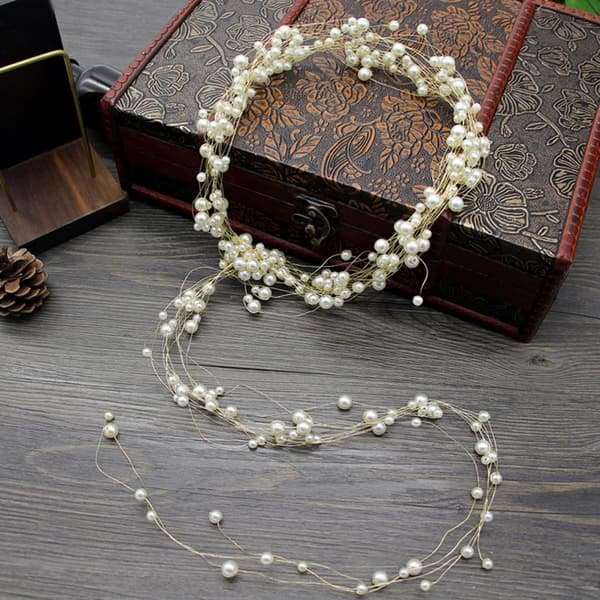 Perle brudehårbånd med kobbertråd, håndlaget sølvblomst