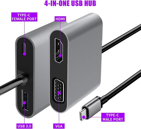 USB C til Type C, 4-i-1 USB-hub, dobbel skjermvisning, USB C til 4K HDMI/HDTV, VGA-adapter, USB 3.0-lading