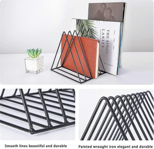 Vinyl Record Organizer, Metal Magazine Rack with 9 Compartments (Desk Decoration, Black Shelf)