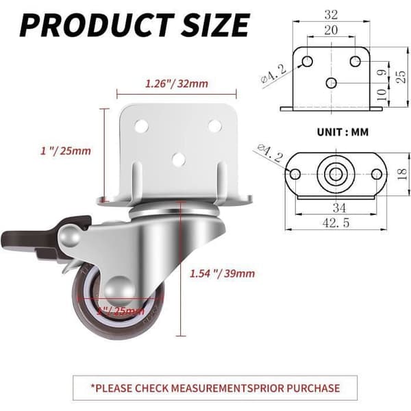 Sæt med 4 små drejehjul til møbler, 25 mm med bremse, L-formet plade (25 mm)