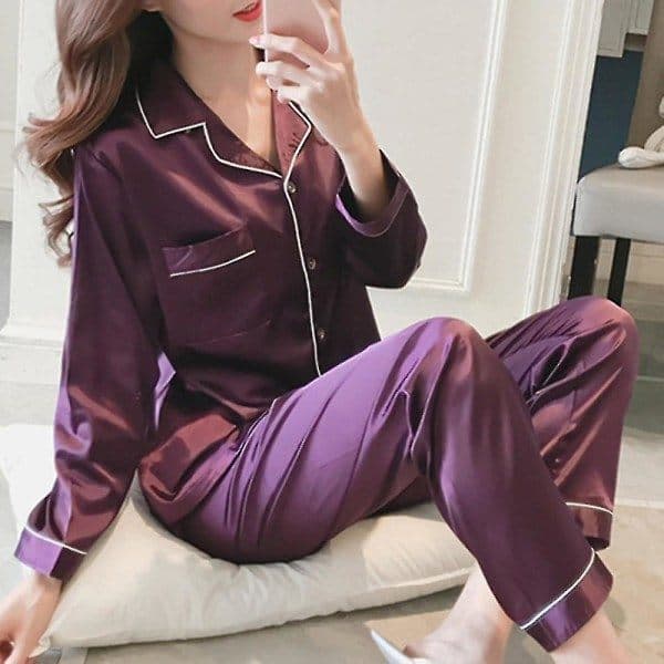 Dame Satin Silke Look Pyjamas Langærmet Nattøjsæt_a Lilla M