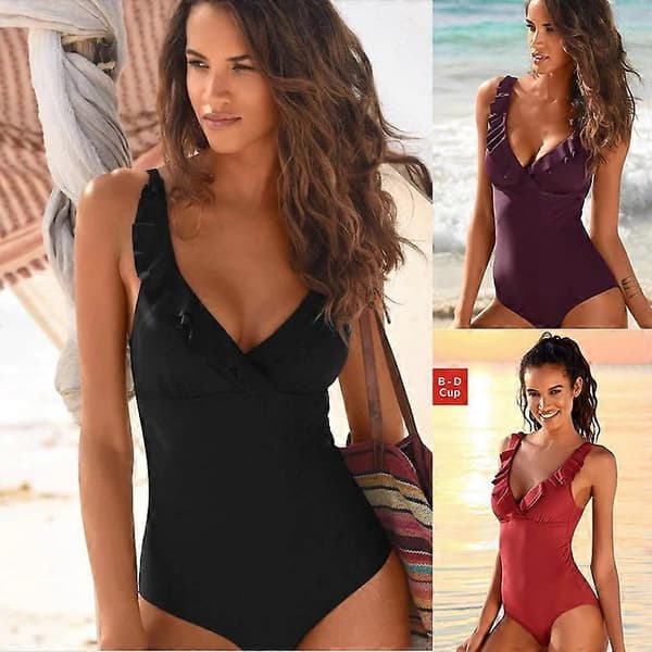 Women's V-Neck One-Piece Swimsuit Ruffle Lace - Size S