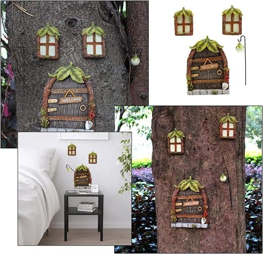 Miniature dør og vindue til feer, lysende vindue og dør