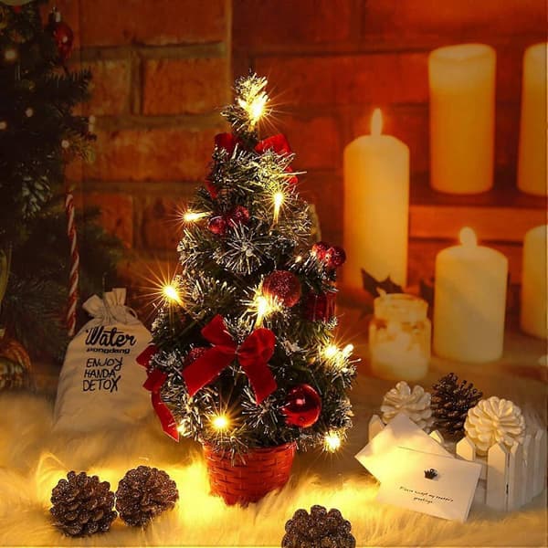 Luminous Artificial Christmas Tree with White Snow, 40 cm Small Tabletop Christmas Tree LED String Lights with Bow and Pine Cone