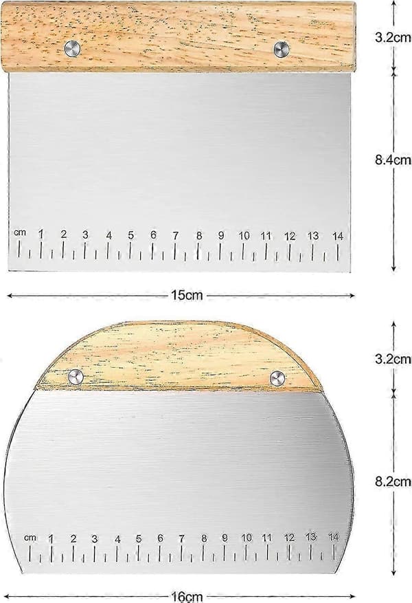 2 pieces stainless steel dough scraper, pizza dough spatula, cake scraper with wooden handle
