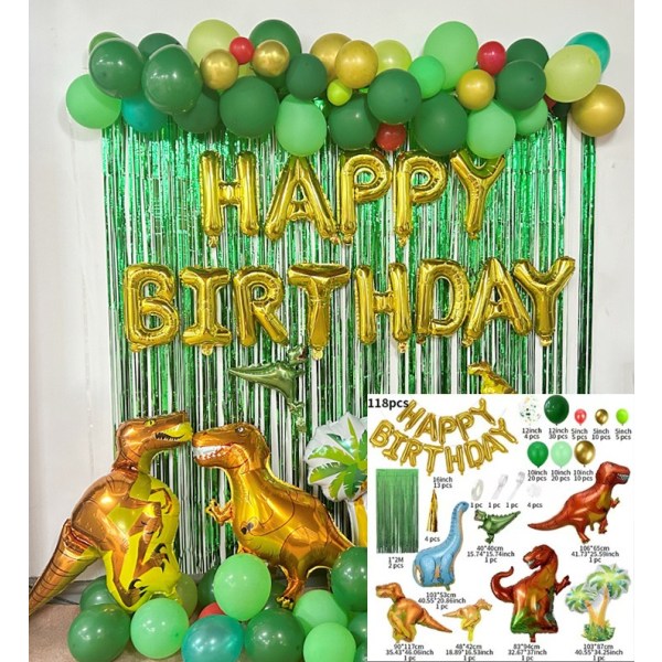 118 STK Dinosaurbursdagsfestballonger med pumpe, Dinosaurbursdagsfestutstyr Junglegrønn bursdagsballong Dinosaurgrønn