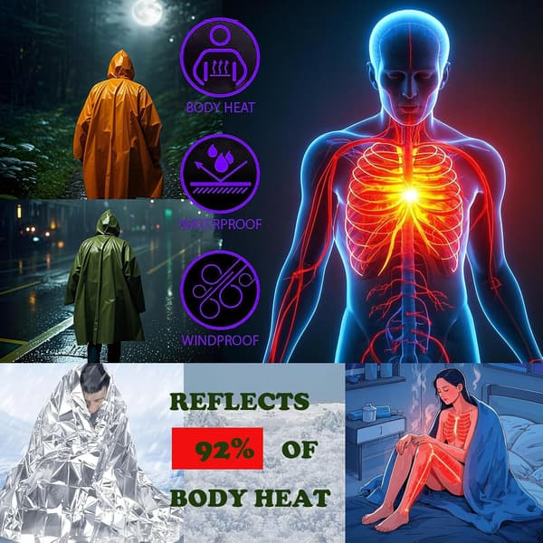 The four-piece survival kit includes an emergency poncho (two pieces), a thermal emergency blanket (two pieces), and a polyester film lining.