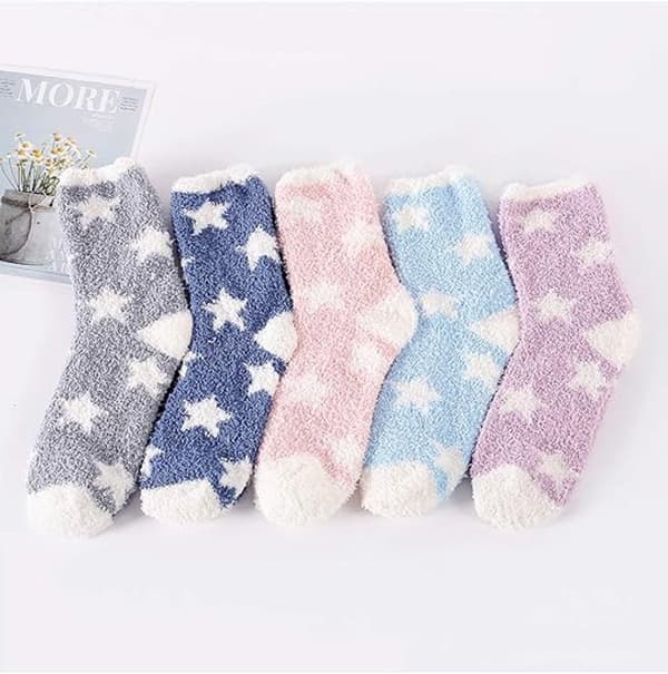 5 par - Strømper til kvinder varme, bløde fleece-hjemmesokker med stjernemønster, vinter-fluffy sovestrømper, koralfleece, behagelige og tykke