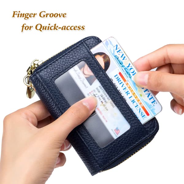 Credit Card Holder with Blocking Function, Large Capacity, Small Genuine Leather Case with Detachable Keychain and ID Window Blue Blue