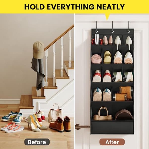 Shoe Bag Hanging Organizer - 15 Large Pockets with Hook, Over Door Storage, Space Saving for Shoes & Accessories - Black