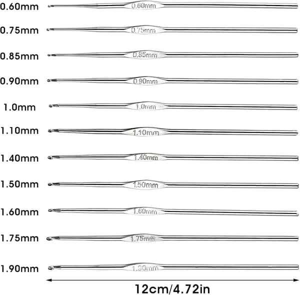 12 stk. små hæklenåle 0,6 mm til 1,9 mm hæklenålesæt