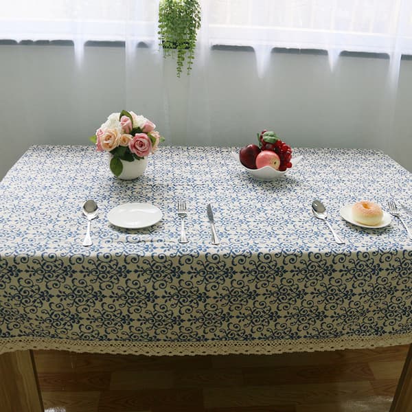 Klassisk linne bomull blå blommig tryckt bordsduk dammsäker rektangulär bordsduk bröllopsfest hotellbordsduk, 140*180cm