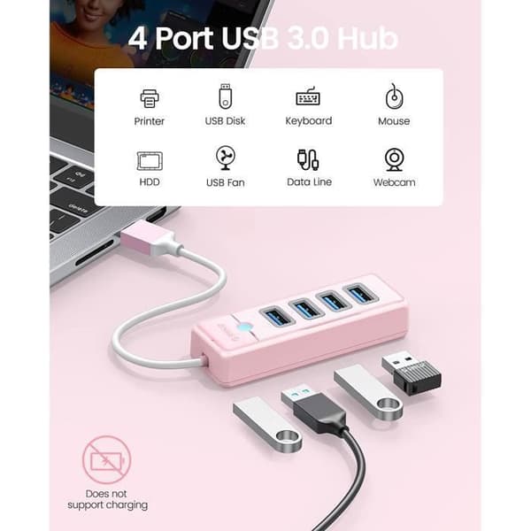 YYV 4-portars USB 3.0-hubb med 5V 3A strömförsörjning, kompatibel med Mac OS 10.x och senare, Linux, Android, rosa