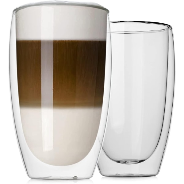 16 oz dubbelväggiga glaskaffemuggar, 2-pack premium kaffekoppar, dubbelväggisolerade glaskaffekoppar