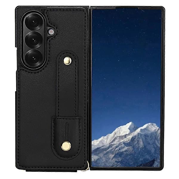 Case for Samsung Galaxy Z Fold7 5G with Stand, Card Slots, Leather Coated TPU Shell with Shoulder Strap Black