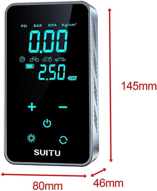 Genopladelig Mini Elektrisk Luftpumpe til Dæk, 5V 1A med Digitalt Display, 14.5 x 8 x 4.6 cm, Sort