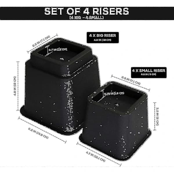 8-pack Adjustable Furniture Risers (4 Tall & 4 Short) - Heavy Duty Space Saving Design - Bed Risers, Table Risers, Chair or Sofa