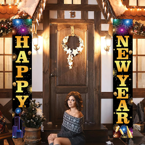 Happy New Year Dörrbanderoll för Hemmet, 71x12 Tum Happy New Year Veranda Skyltar Banderoll Nyår 2025 Nyårsdekorationer