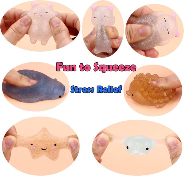 20 stk. påskekurvfyld med Squishy-legetøj (tilfældig stil), forfyldte påskeæg med glitter mini bløde dyr, Squishy