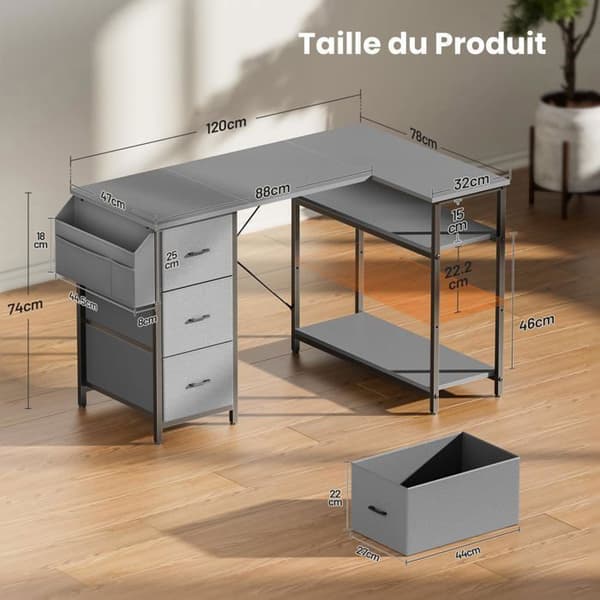 EcoFurnix 120x78cm Spilbord, L-formet skrivebord med 3 skuffer, Computerbord med opbevaringspose, Grå Grå