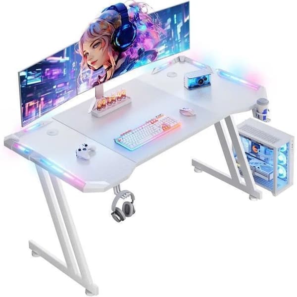Bureau Gaming EcoFurnix 140 x 60 cm - Ridsefast - Ergonomisk - Hvid LED Vit