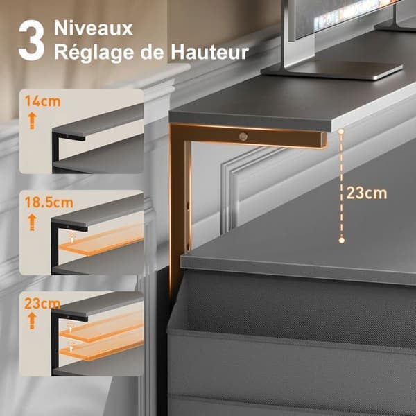 Computerbord - ECOFURNIX - 100 x 48 cm - To-niveau model - LED-belysning - Højdejusterbar - Grå Grå