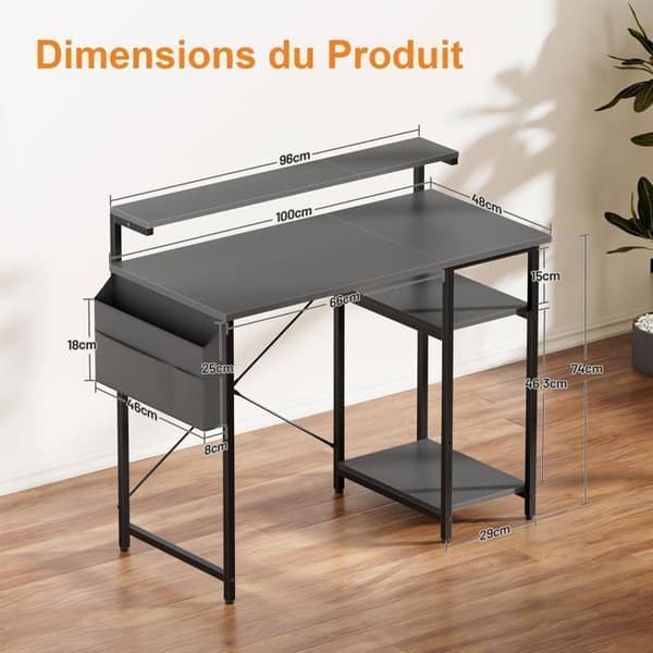 Datorbord - ECOFURNIX - 100 x 48 cm - Modell med två nivåer - LED-belysning - Höjdjusterbar - Grå Grå