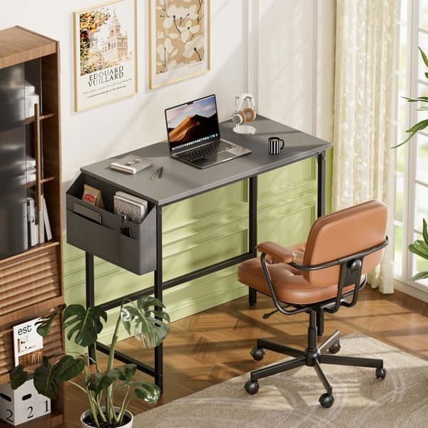 EcoFurnix Petit Bureau Informatique avec Sac de Rangement, Structure Métallique, pour Chambre à Coucher, Harmaa Grå