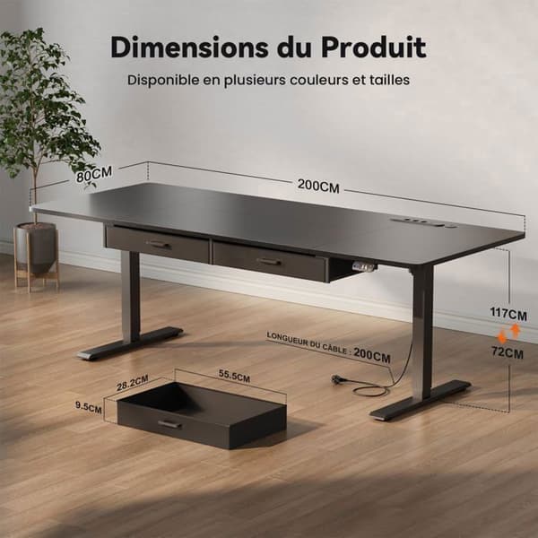 EcoFurnix Bureau 200 x 80 cm, med Indbygget Strømstik, USB-C Port, Sort Svart