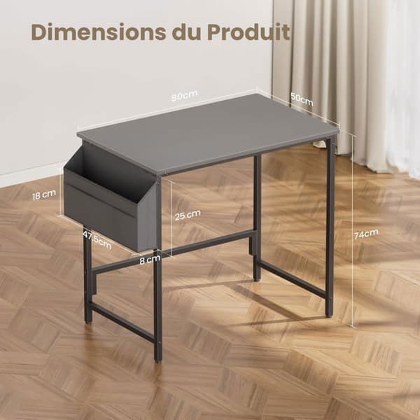 EcoFurnix Petit Bureau Informatique avec Sac de Rangement, Structure Métallique, pour Chambre à Coucher, Harmaa Grå